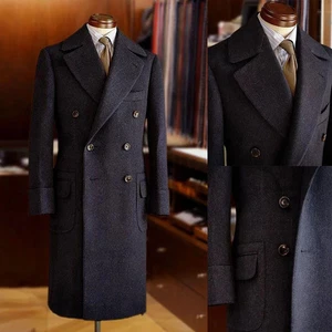 Men's Dark Blue Wool Blend Overcoat Double-breasted Button Mid Long Trench Coat - Picture 1 of 11