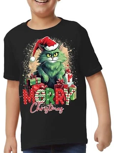 CHRISTMAS CAT KIDS T-Shirt Novelty Funny Santa Gift Kids Xmas Tshirt Joke - Picture 1 of 3