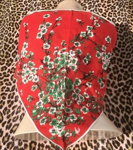 FRENCH 1930s RED COTTON TRIANGLE SCARF~LIBERTY JAPANESE FLOWERS PRINT~NEW~37x28 - Picture 1 of 11