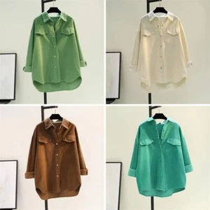 Lady Solid Retro Corduroy Shirt Button Up Oversized Blouse Casual Jacket Top New - Picture 1 of 16