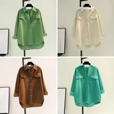 Lady Solid Retro Corduroy Shirt Button Up Oversized Blouse Casual Jacket Top New - Image 1 of 4