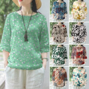 Korean Womens Casual 3/4 Sleeve Blouse Top Floral Printing O Neck Loose - Picture 1 of 31