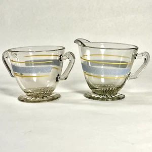 Vintage Mid Century Klarglas Zuckerkännchen & Milchkännchen blau & gelbe Streifen - Bild 1 von 6