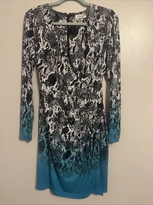 Calvin Klein Dress Blue & Black Snake Skin Print Ruched Faux Wrap Midi ✨ Size 8 - Picture 1 of 5