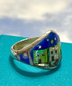 Navajo L Untillie Sterling Silver Storytelling VILLAGE Opal Lapis 925 Ring 8 - Picture 1 of 5