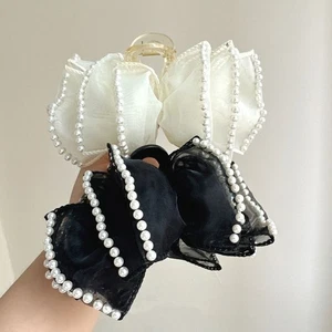 Mesh Bow Shark Clip Pearl Mesh Hair Clip Yarn Bowknot Hair Claw Party - Picture 1 of 12