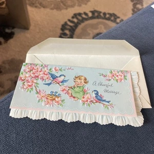 Vintage Cheerful Card, Cute Little Angel Girl Singing to Blue Birds 1950s - Picture 1 of 4