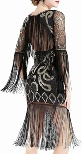 BABEYOND 1920s Flapper Dress Long Fringe Gatsby Roaring Small, Black - Picture 1 of 6