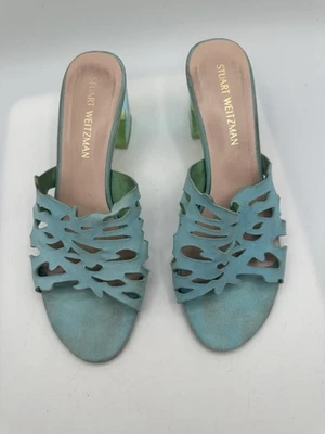 Stuart Weitzman Cayman Aqua Cutout Nubuck Clear Block-Heel Slide Women Size 10M - Image 1 of 4