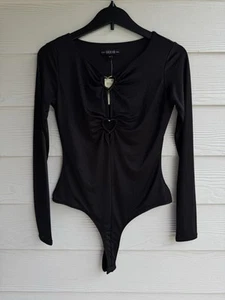 GUESS Black Long Sleeve Bodysuit Sliver Heart Cut Out Embelishment Sz S - Picture 1 of 9