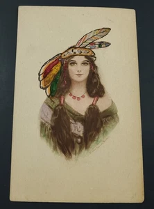 Antike indianische handkolorierte Indianerin Feder Postkarte Knowles Hase - Bild 1 von 4