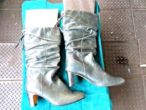 ladies size41/10 dark green leather ALDO calf hi pullon boots 7cm heels lined vg - Picture 1 of 3