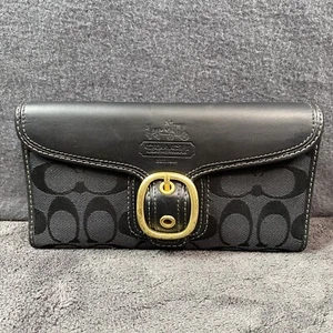 Vintage Coach Bleecker Black Canvas Leather Credit Card Trifold Long Wallet Bckl - Picture 1 of 10