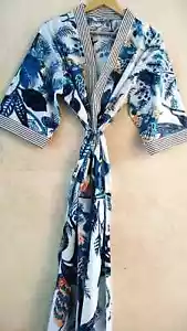 Indian White Owl Print Cotton Robes Long Kimono Sleepwear Night Kimono Robes - Picture 1 of 4