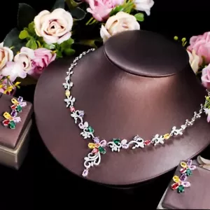 Farbe Kubik Zirkon Halskette und Ohrringe Braut Hochzeit Luxus Schmuck Sets - Bild 1 von 5