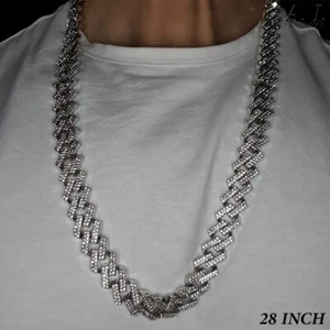 14MM Iced Cuban Link Chain DIAMOND PRONG Miami Ice Cubic Zirconia Necklace - Picture 1 of 6