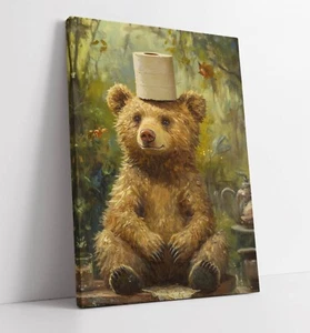 BEAR WITH TOILET PAPER ON ITS HEAD -FRAMED CANVAS WALL ART PICTURE PRINT - Picture 1 of 2