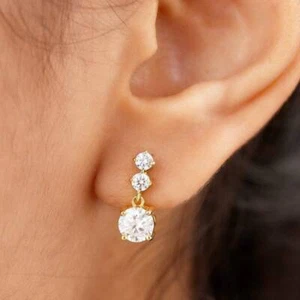 1Ct Round Cut Lab Created Diamond Drop & Dangle Earrings 14K Yellow Gold Plated - Picture 1 of 4