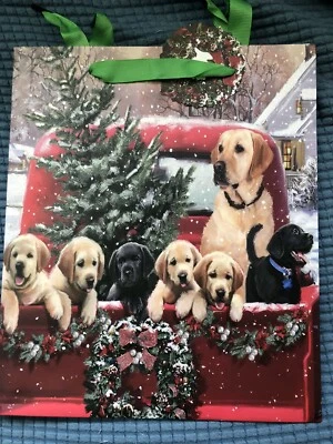 黄色实验室卡车狗圣诞礼物袋带礼品标签闪光 8.5 英寸 X 10 英寸 — 第 1/3 张图片