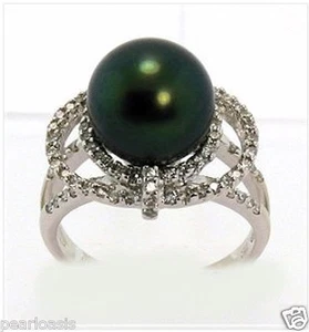 10,9 mm Pfau Tahitianischer kultivierter Perlenring, 0,61 kt. Diamanten, 18 Karat Gold, NEU - Bild 1 von 2