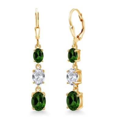 18K Yellow Gold Plated Silver Green Chrome Diopside 3 Stone Dangle Earrings For - Image 1 of 4