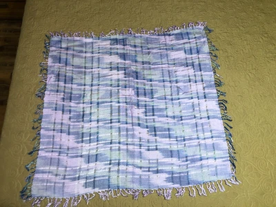 Vintage Fringed Abstract Plaid 33 x 33 Square Rayon Scarf Made in India NOS - Image 1 of 4