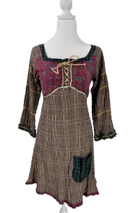 Ian Mosh 1989 VTG Y2K Dress Lace-up Plaid Velvet Trims Size 1 Bohemian Emo - Picture 1 of 7