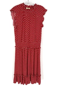 Michael Kors Red Logo Midi Dress Polk Dot Size Large Elastic Waist Ruffle Bottom - Picture 1 of 9