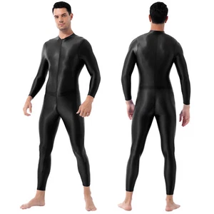Mens Oil Glossy Bodysuit Shimmery Spandex Zentail Underwear Long Sleeve Jumpsuit - Picture 1 of 89