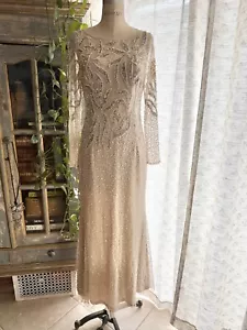Adrianna Papell Embellished Beaded Sequin Illusion Dress Gown Biscotti Size 8P - Picture 1 of 14
