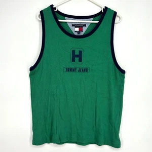 Vintage Tommy Jeans Hilfiger Mens XL Ribbed Knit Tank Top Green Blue Logo USA - Picture 1 of 8