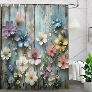 Rustic Farmhouse Floral Shower Curtain Colorful Flowers Wooden Country Farm S... - Picture 1 of 7