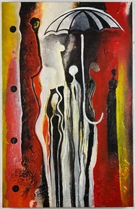 Figures with Umbrella Abstract Modern Mixed Media Painting 26" x 17" - Picture 1 of 6