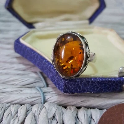 925 Sterling Silver Ring, Genuine Baltic  Amber, Cognac Amber, Size L US 5.75 - Image 1 of 4