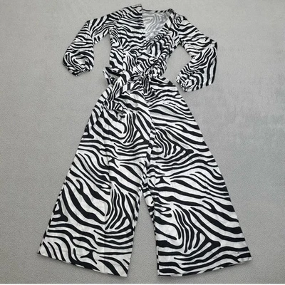 Mono S.DEER Estampado Cebra Pierna Ancha Manga Larga Cuello en V Corbata Cintura Una Pieza Nuevo con Etiquetas Foto 1 de 4