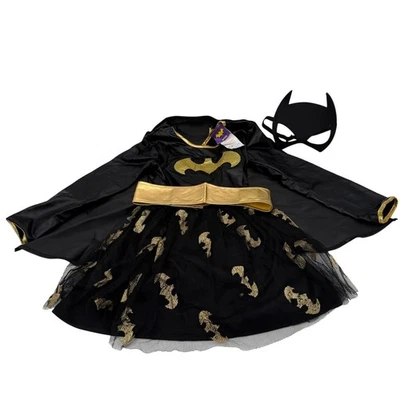 Disfraz de Halloween Murciélago Niña Talla S 4 piezas Negro/Dorado Capa, Cinturón y Máscara Hecho en EE. UU. Foto 1 de 4