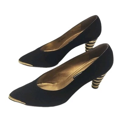 Stuart Weitzman Shoe Gold Black Suede 3" Heel Size 8W Wide Pointed Toe Dressy - Image 1 of 4