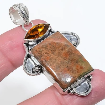 Pendente In Argento Sterling 925 Fatto A Mano In Unakite E Topazio Fumè 2.29" - Immagine 1 di 4