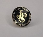 RARE VINTAGE 3/4" GOLD TONE & BLACK JOHN PLAYER SPECIAL F1 BADGE PIN BACK