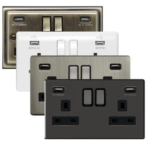 Double Wall Plug Socket 2 Gang 13A with 2 USB Ports Screwless Slim Flat Plate - Picture 1 of 50