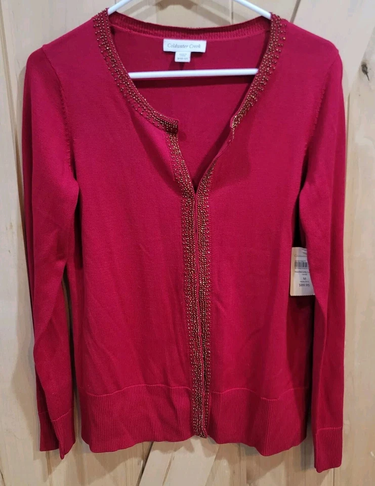 Cárdigan Coldwater Creek Cuentas Seda/Algodón Rojo/Dorado Cuentas Talla M Nuevo con Etiquetas Foto 1 de 4