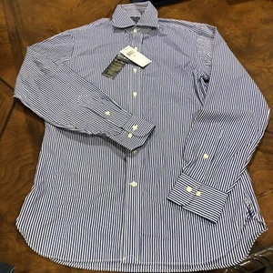 POLO RALPH LAUREN Mens Light Blue Striped Button Up Shirt Sz 14 1/2 Long Sleeve - Picture 1 of 11
