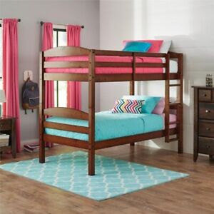 Modern Wood Twin Over Twin Bunk Beds Frame Ladder Kids Bed Bedroom Mocha