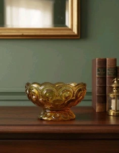 Vtg L.E. Smith Fostoria Moon and Star Amber Glass Footed Compote Bowl 6"  - Picture 1 of 7