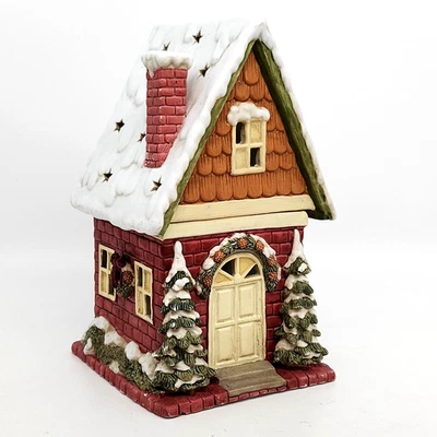 VTG Christmas Holiday Winter Brick House Tealight Wax Tart Warmer Ceramic 8.5" T - Image 1 of 4