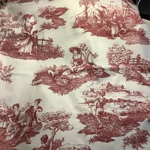 Red & White French Country Farm Scenes Toile Fabric Cotton 2 Yards X 56” - Picture 1 of 8