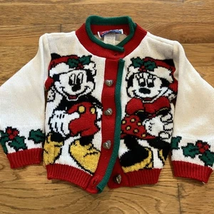 Vintage Mickey and Minnie Mouse Christmas Cardigan Sweater Button Up Small 2T - Picture 1 of 14