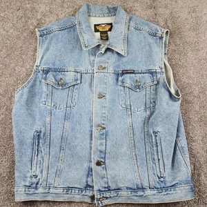 Vintage Harley Davidson Men's Blue Jean Vest Motorcycle Jacket Size Large - Picture 1 of 14