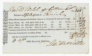 1839 Scottish Tax Receipt Renwick Parish, David Welsh Esq., Bridge & Rogue Money - Picture 1 of 2