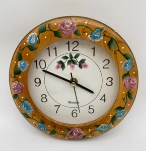 Vintage Retro Hand Painted Wood Floral Wall Clock By Westclox Grannycore - Picture 1 of 8
